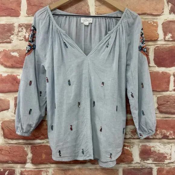 Anthropologie Velvet Graham & Spencer Top Women's Small Blue Boho Striped Shirt - Picture 8 of 10